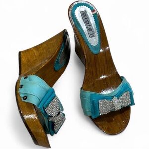 Gioie Italiane Blue Crystal Bow Wedge Slides